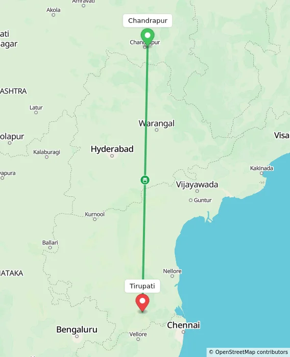 Route map showing distance and travel time from Chandrapur, India to Tirupati, India