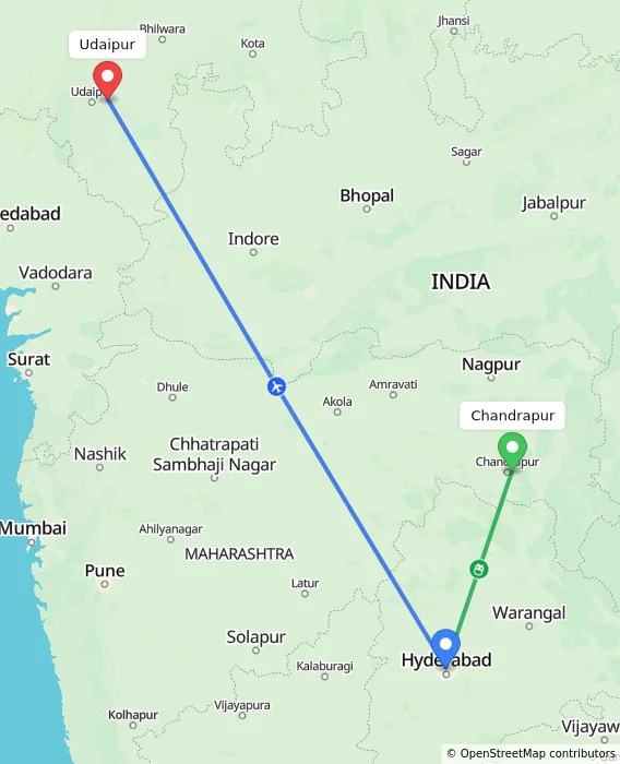 Route map showing distance and travel time from Chandrapur, India to Udaipur, India