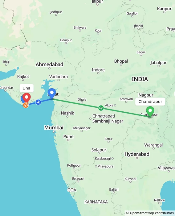 Route map showing distance and travel time from Chandrapur, India to Una, India