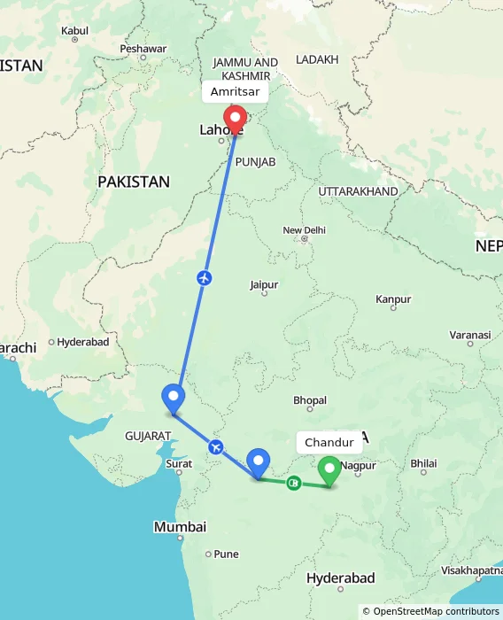 Route map showing distance and travel time from Chandur, India to Amritsar, India
