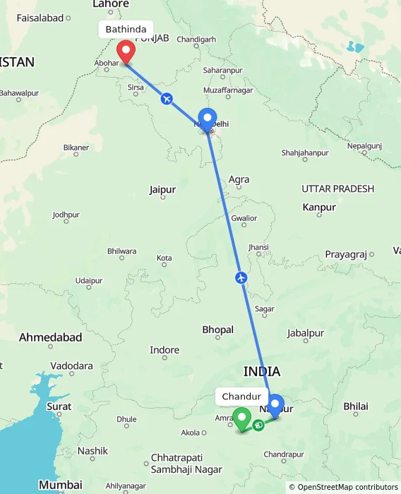 Route map showing distance and travel time from Chandur, India to Bathinda, India