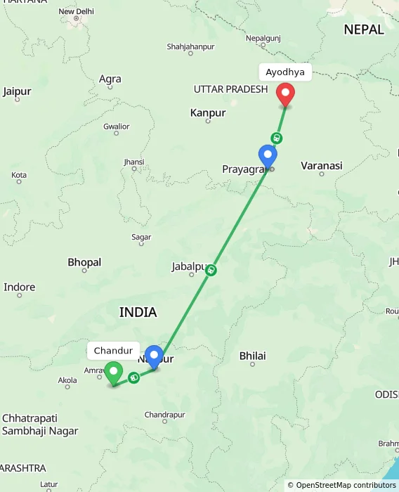 Route map showing distance and travel time from Chandur, India to Ayodhya, India