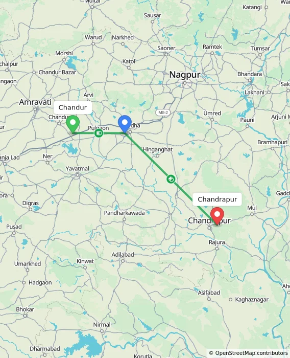 Route map showing distance and travel time from Chandur, India to Chandrapur, India