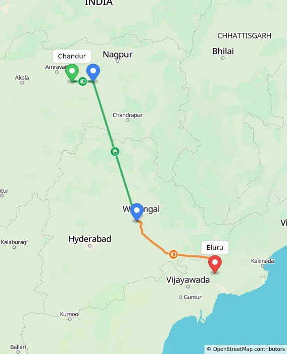 Route map showing distance and travel time from Chandur, India to Eluru, India
