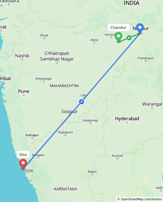 Route map showing distance and travel time from Chandur, India to Goa, India