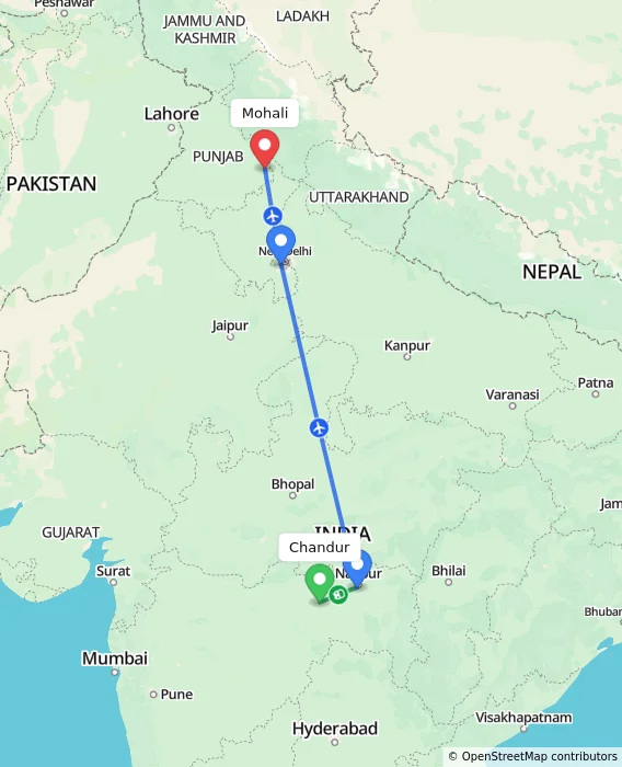 Route map showing distance and travel time from Chandur, India to Mohali, India