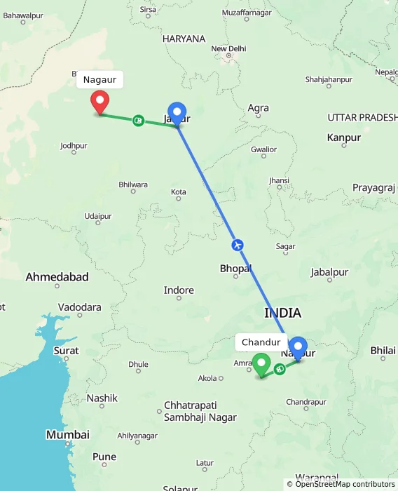 Route map showing distance and travel time from Chandur, India to Nagaur, India