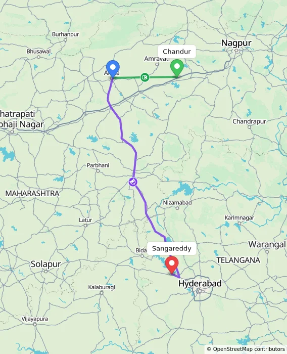 Route map showing distance and travel time from Chandur, India to Sangareddy, India