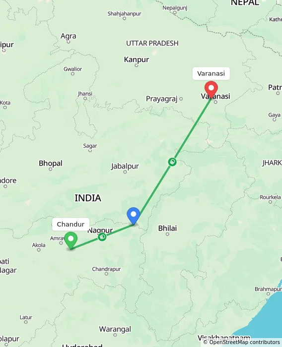 Route map showing distance and travel time from Chandur, India to Varanasi, India