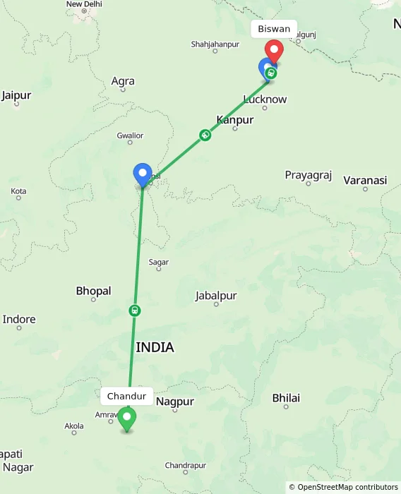 Route map showing distance and travel time from Chandur, India to Biswan, India