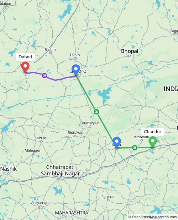 Route map showing distance and travel time from Chandur, India to Dahod, India