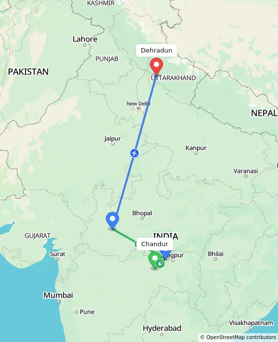 Route map showing distance and travel time from Chandur, India to Dehradun, India
