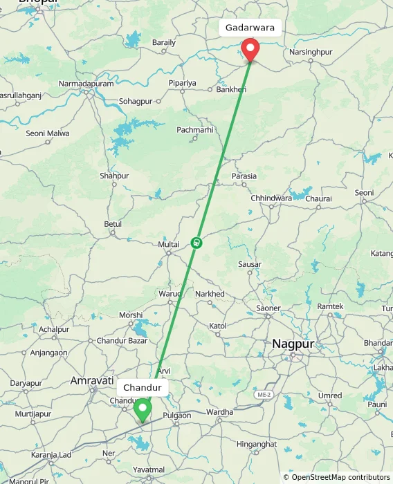 Route map showing distance and travel time from Chandur, India to Gadarwara, India