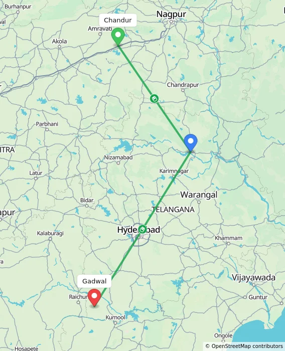 Route map showing distance and travel time from Chandur, India to Gadwal, India