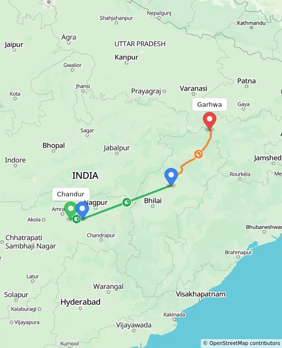 Route map showing distance and travel time from Chandur, India to Garhwa, India