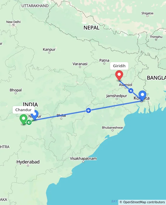 Route map showing distance and travel time from Chandur, India to Giridih, India