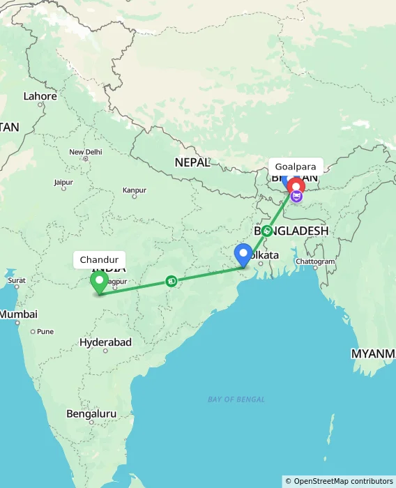Route map showing distance and travel time from Chandur, India to Goalpara, India