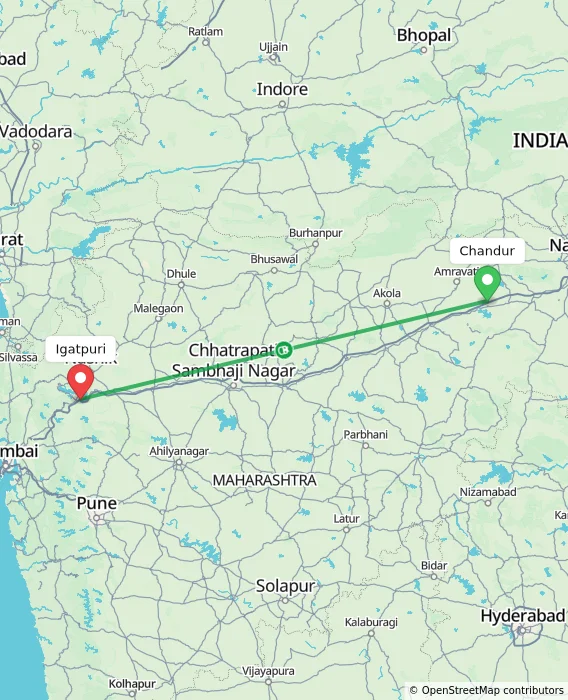 Route map showing distance and travel time from Chandur, India to Igatpuri, India