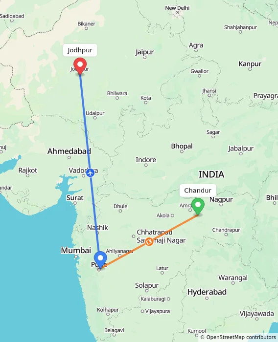 Route map showing distance and travel time from Chandur, India to Jodhpur, India