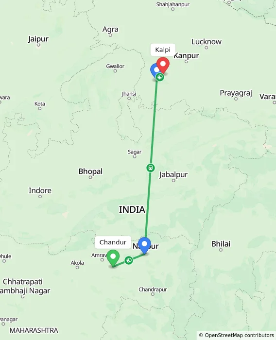 Route map showing distance and travel time from Chandur, India to Kalpi, India