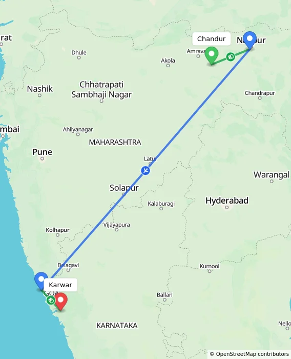 Route map showing distance and travel time from Chandur, India to Karwar, India