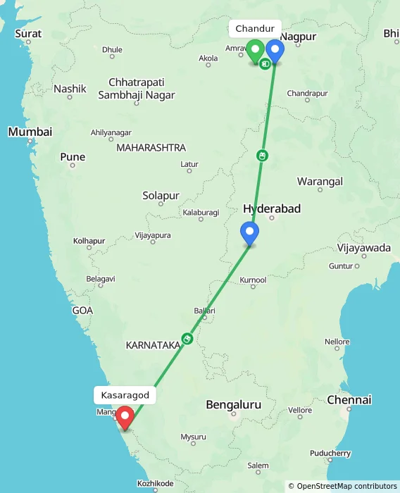 Route map showing distance and travel time from Chandur, India to Kasaragod, India