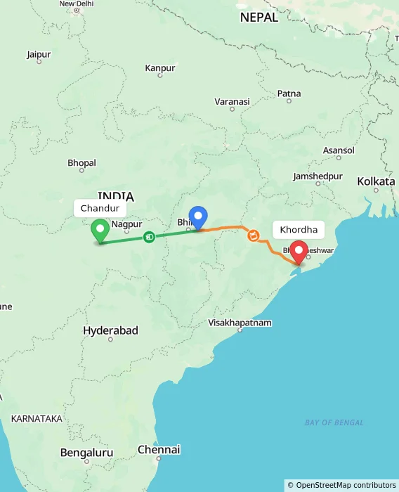 Route map showing distance and travel time from Chandur, India to Khordha, India