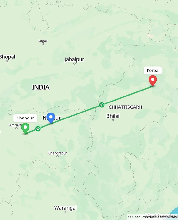 Route map showing distance and travel time from Chandur, India to Korba, India