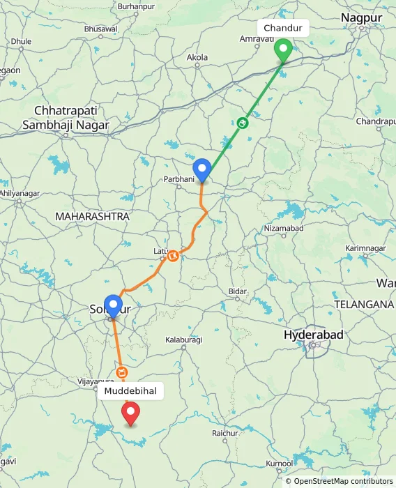 Route map showing distance and travel time from Chandur, India to Muddebihal, India
