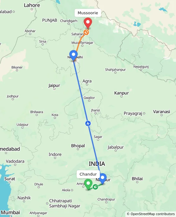 Route map showing distance and travel time from Chandur, India to Mussoorie, India