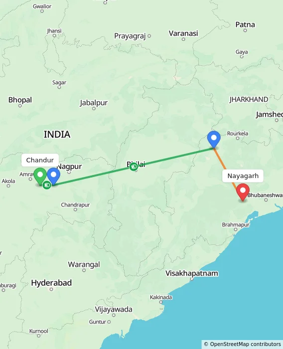 Route map showing distance and travel time from Chandur, India to Nayagarh, India