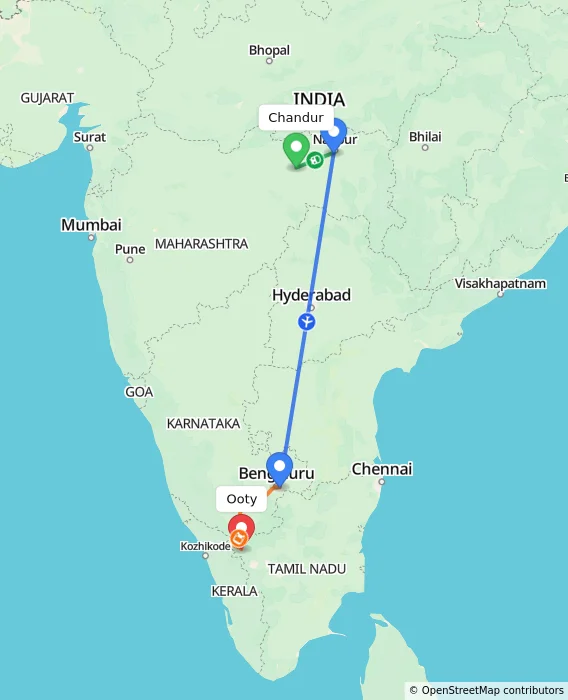 Route map showing distance and travel time from Chandur, India to Ooty, India