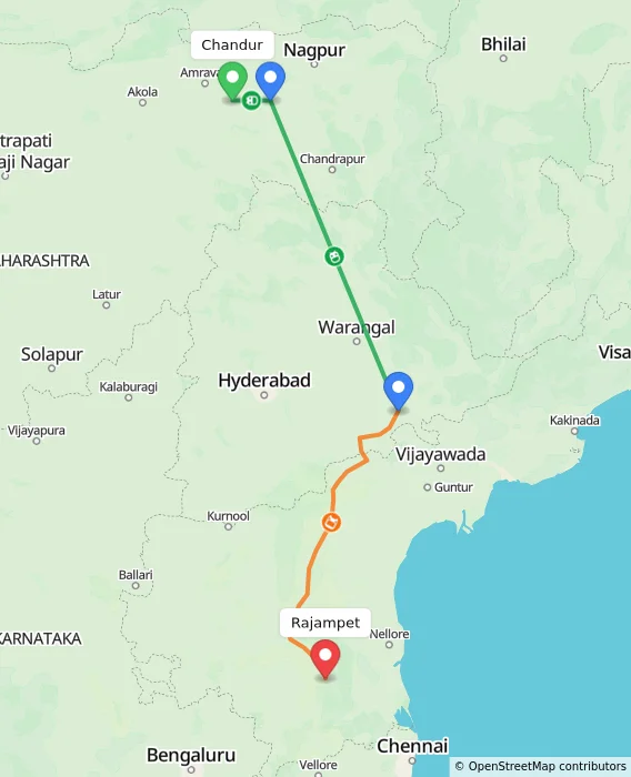 Route map showing distance and travel time from Chandur, India to Rajampet, India