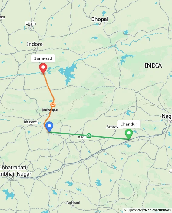Route map showing distance and travel time from Chandur, India to Sanawad, India