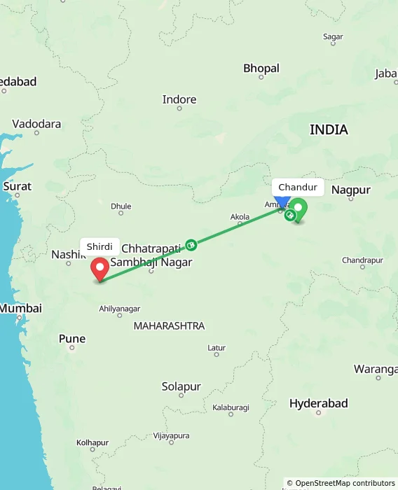 Route map showing distance and travel time from Chandur, India to Shirdi, India