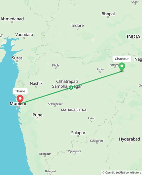 Route map showing distance and travel time from Chandur, India to Thane, India
