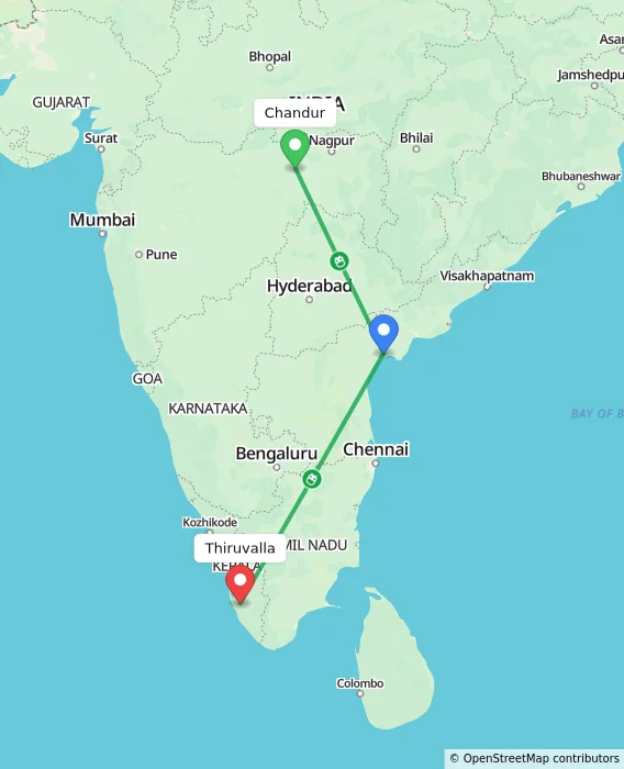 Route map showing distance and travel time from Chandur, India to Thiruvalla, India