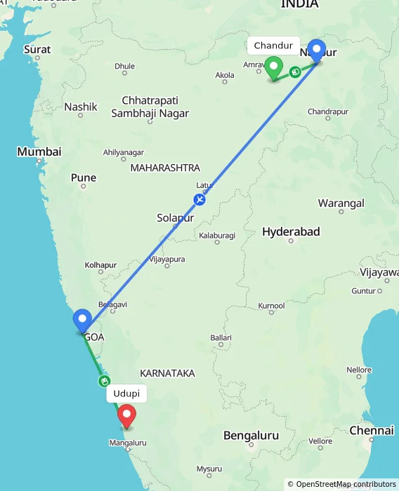 Route map showing distance and travel time from Chandur, India to Udupi, India