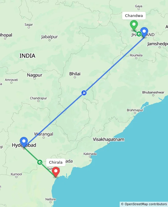 Route map showing distance and travel time from Chandwa, India to Chirala, India