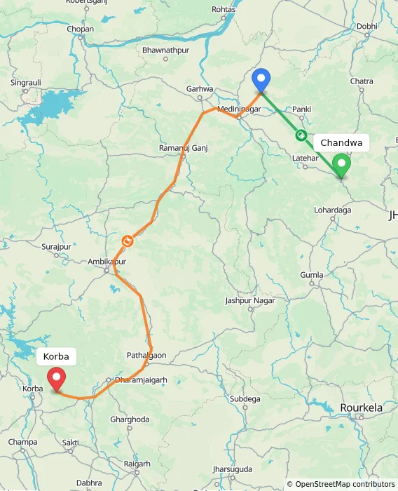 Route map showing distance and travel time from Chandwa, India to Korba, India