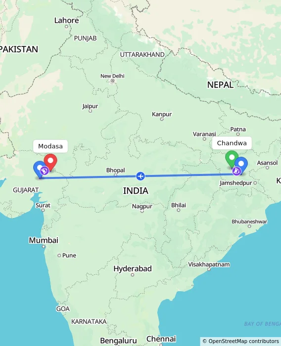 Route map showing distance and travel time from Chandwa, India to Modasa, India