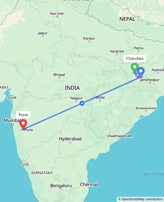 Route map showing distance and travel time from Chandwa, India to Pune, India