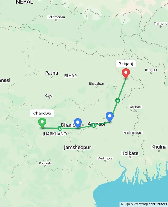 Route map showing distance and travel time from Chandwa, India to Raiganj, India