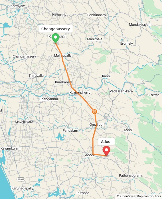 Route map showing distance and travel time from Changanassery, India to Adoor, India