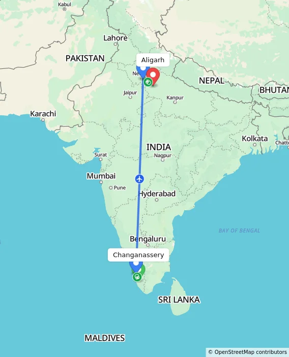 Route map showing distance and travel time from Changanassery, India to Aligarh, India