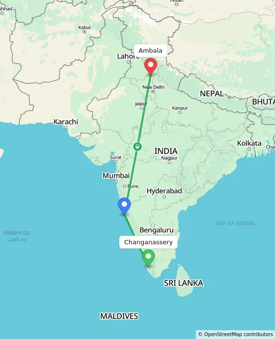 Route map showing distance and travel time from Changanassery, India to Ambala, India