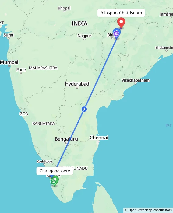 Route map showing distance and travel time from Changanassery, India to Bilaspur, Chattisgarh, India