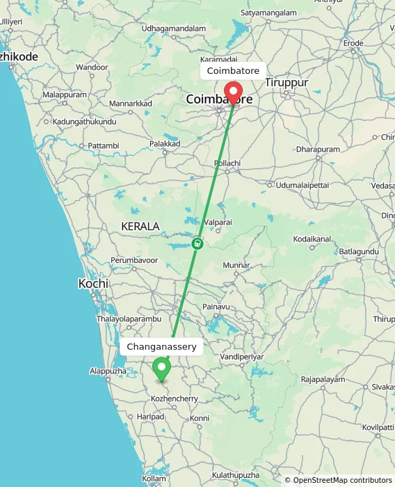 Route map showing distance and travel time from Changanassery, India to Coimbatore, India