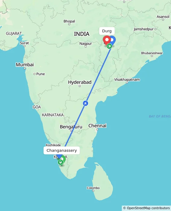 Route map showing distance and travel time from Changanassery, India to Durg, India