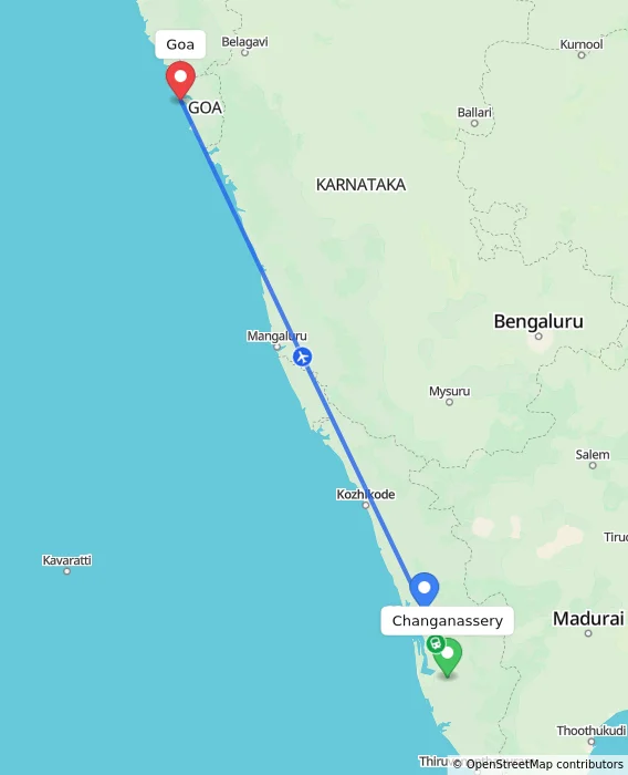 Route map showing distance and travel time from Changanassery, India to Goa, India
